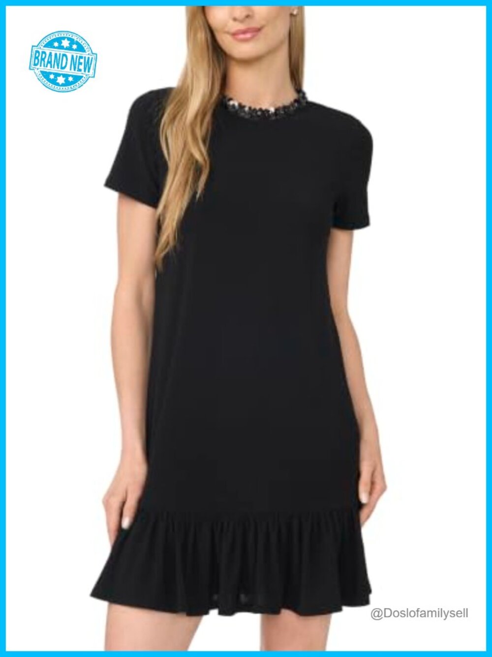 CeCe Short Sleeve Ruffle Hem Sequin Neck Mini Dress